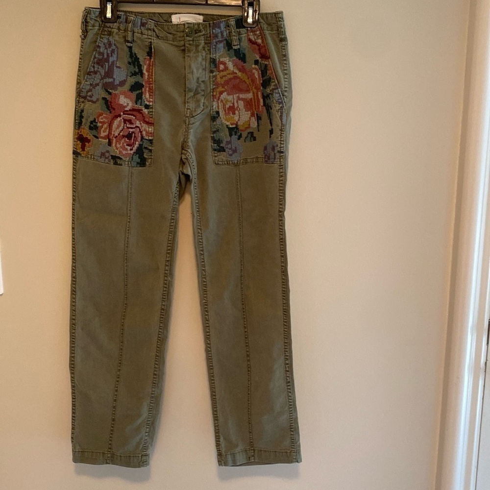 Anthropologie Relaxed Tapestry Embroidered Trouser Pants Olive Size 25 - Picture 5 of 10